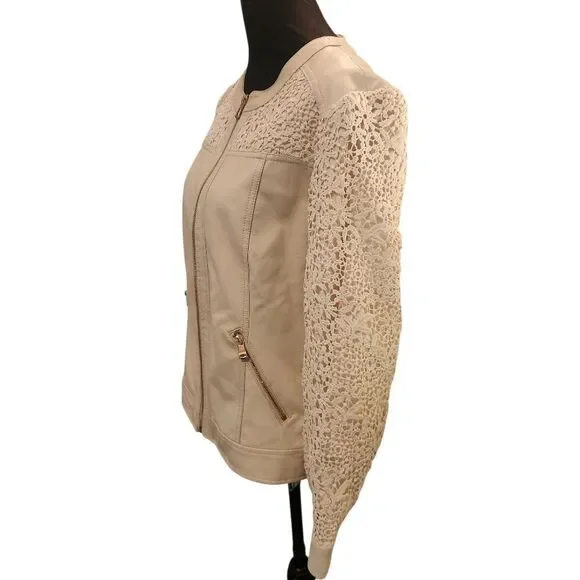 Chico's Faux Leather Blazer Jacket Size 1 Medium Ivory Cream Zip Lace Sleeves - Picture 6 of 10
